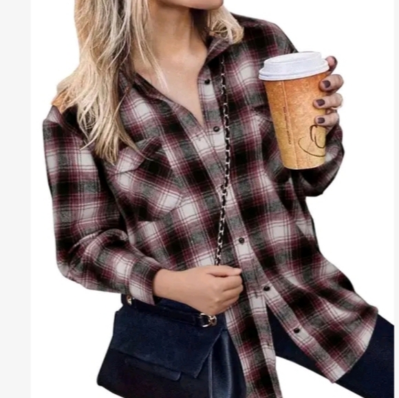 Women Long Sleeve Shirt Button Down Plaid Loose Casual Flannel - Picture 4 of 14